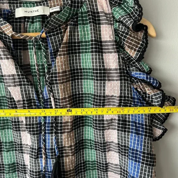 Munthe Ruffled Plaid Sleeveless Blouse Tassel Tie Womens Size 38 (M) - Picture 7 of 8